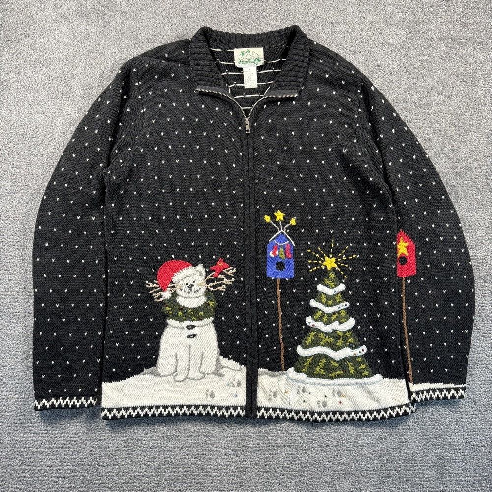Quacker Factory Christmas Cat Snowman Zip Front Cardigan Sweater Black Women L